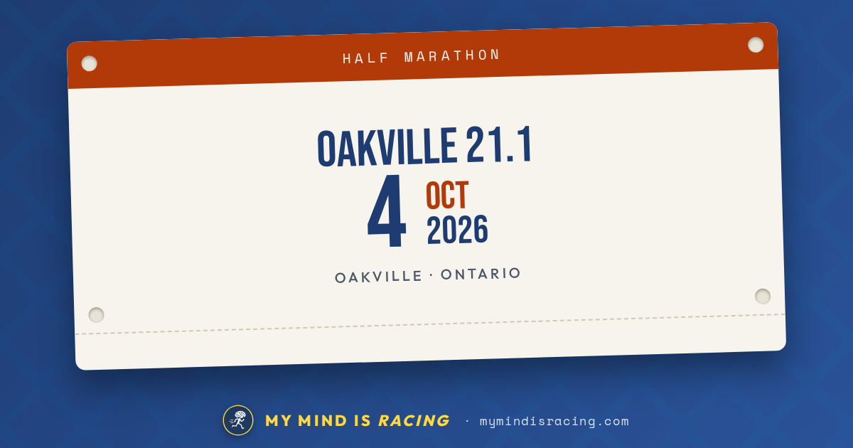 A race-bib-style event card: Oakville 21.1 half marathon, 4 Oct 2026, Oakville · Ontario